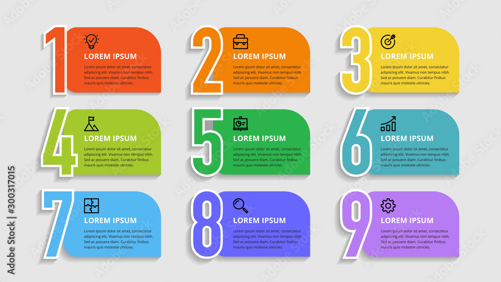 Poster nine colorful numbers or figures and rectangular elements or cards with place for text. infographic 