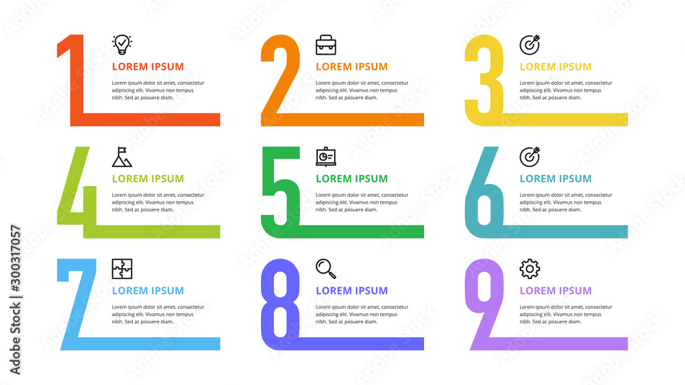 Poster nine colorful numbers or figures and rectangular elements or cards with place for text. infographic 