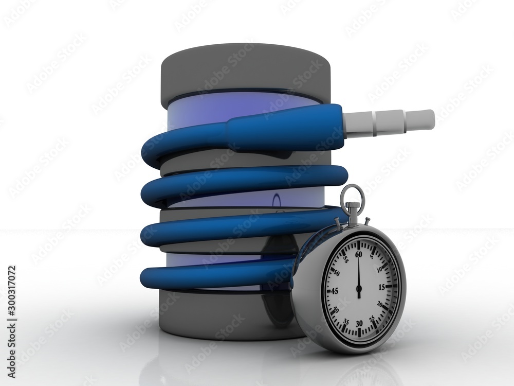 Poster 3d rendering aux cable connected database with stopwatch
