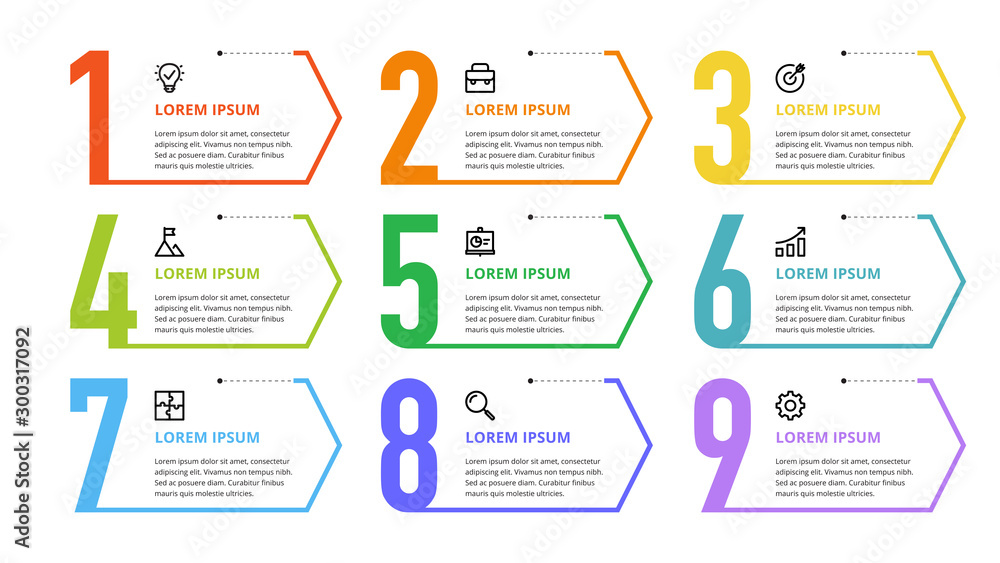 Wall mural nine colorful numbers or figures and rectangular elements or cards with place for text. infographic 