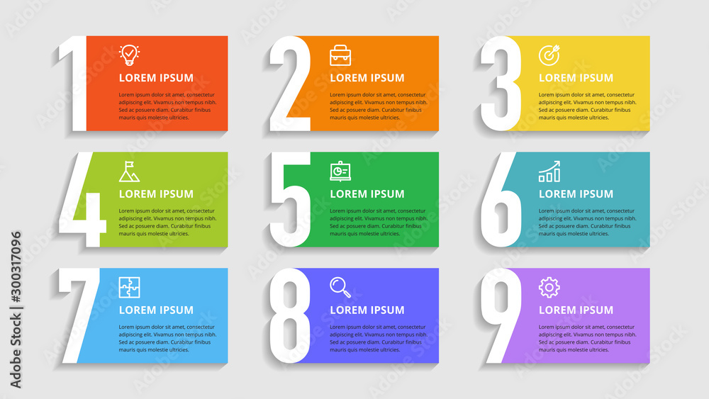 Poster nine colorful numbers or figures and rectangular elements or cards with place for text. infographic 