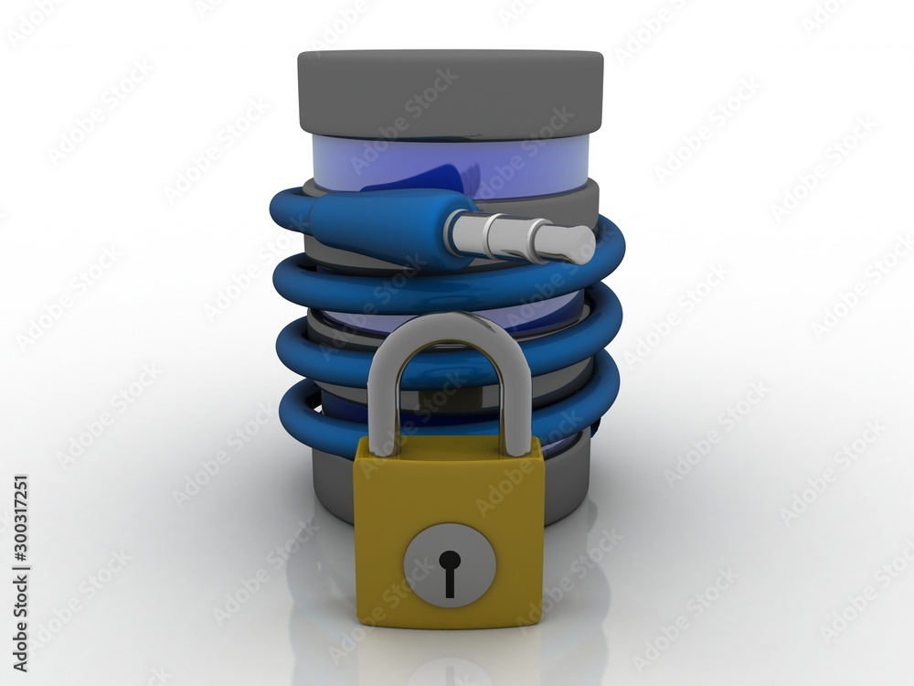 Poster 3d rendering aux cable connected database with lock