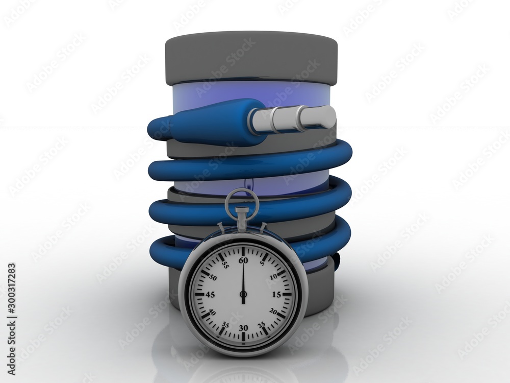 Poster 3d rendering aux cable connected database with stopwatch