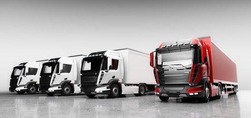 Fleet of trucks with cargo trailers. Transport, shipping industry.