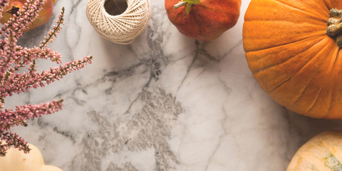 Autumn thanksgiving moody background with different pumpkins, fall fruit and flowers on rustic...