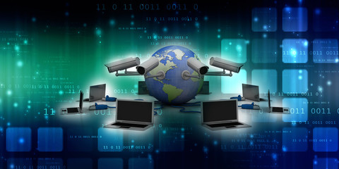 3d rendering Computer network with cctv camera