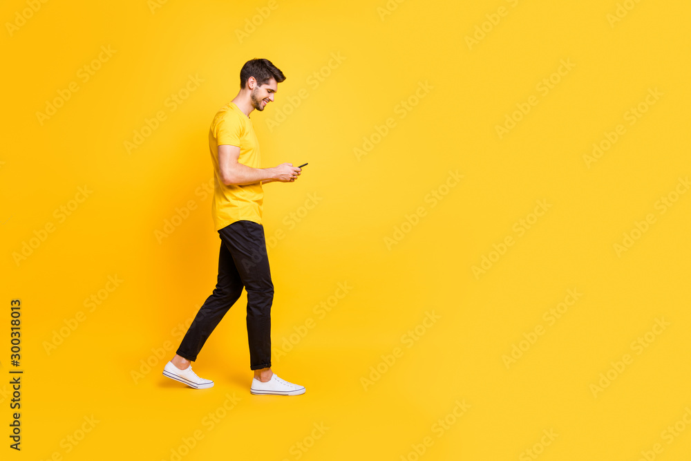 Aufkleber full length body size photo of cheerful attractive man with bristle smiling toothily focused on read