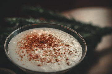 Close-up glass of eggnog with cinnamon and a branch of christmas tree
