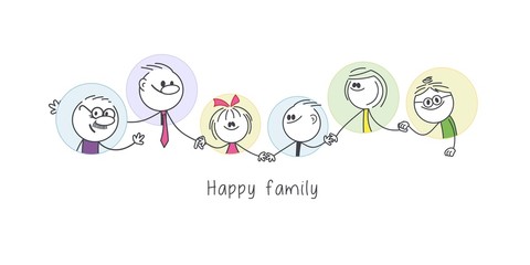 Happy family in a round hole, grandmother, grandfather, father, mother, son and baby girl.
