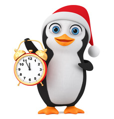 Cartoon character little penguin in a New Year hat with an alarm clock on a white background. 3d render illustration.