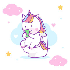 Obraz na płótnie Canvas Cute unicorn sitting on closet and playing smartphone, perfect for kids fabric and greeting card