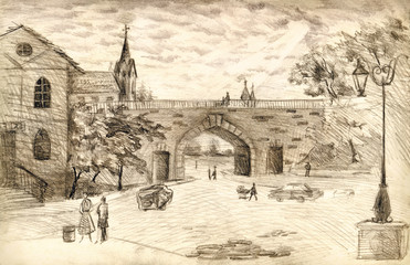 Ancient downtown scenic view. Pencil art