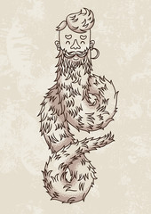 Caricature portrait of a man with a very long beard and earring.