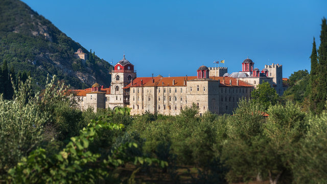 The Holy Mountain Athos in Greek (Hagion Oros) has been listed as a World Heritage Site. Greek monastery of Esphigmenou (Esfigmen).