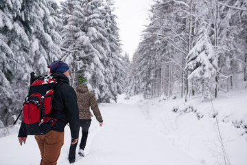 Couple hiking together along a snow covered forest path