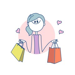 Girl in a round hole. Happy shopper. The girl holds packages. Big Sale. Stick woman. Vector.