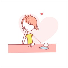 Girl is looking at the phone with hope. Stick woman waiting for a phone call. 