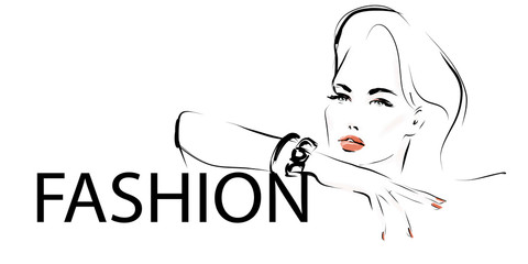 Hand-drawn portrait of young woman. Face of beautiful girl with makeup. Fashion illustration in sketch style. Vector