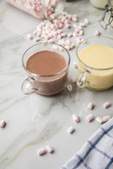 Heiße, dunkle und weiße Trinkschokolade mit Sahne und Marshmellows auf Marmor hell Hintergrund 