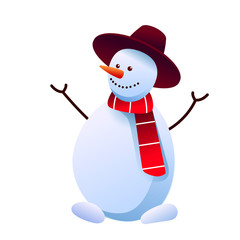 Vector cheerful snowman in hat and red scarf
