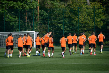 Football players warming up before training on a soccer field © Yurii Zushchyk