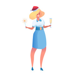 Vector business woman in santa hat with champagne