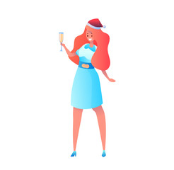 Vector business woman in santa hat with champagne