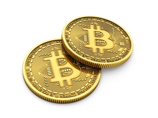 3D Rendering Golden Bitcoins isolated on white background