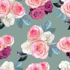 Roses bouquet  pink color and begonia flower seamless pattern-vector