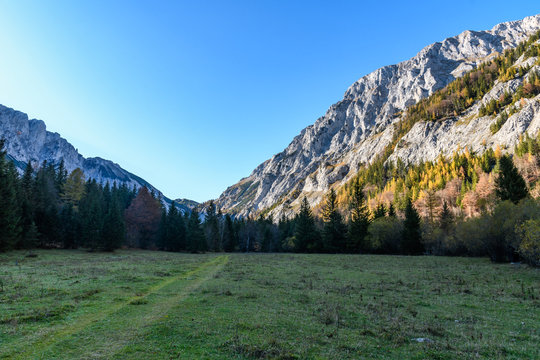 Hochschwab mountains seen from Seetal near Seewiesen, Styria, Austria