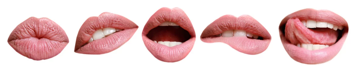 Foto op Plexiglas Tandarts Collage met vrouwelijke lippen op witte achtergrond