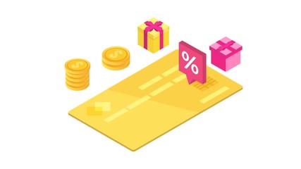 Discount, Loyalty card program and customer service. Vector isometric illustration.