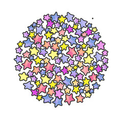 Watercolor stars with contour, circle shaped pattern. Handwork.