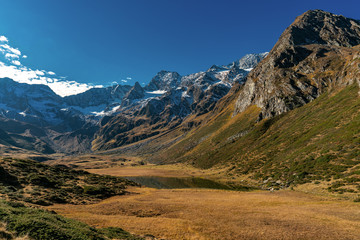 Panoramic view of the alpine Seebersee lake with the high rising mountains of the Texelgruppe in the background
