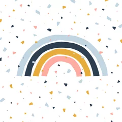 Papier Peint photo Chambre de bébé Abstrait avec terrazzo et arc-en-ciel géométrique simple. Arc à rayures simple sur une texture mozaic colorée. Illustration vectorielle enfantine dans un style scandinave.
