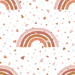 Abstract seamless pattern with terrazzo and simple geometric rainbows. Simple stripy arc bows on terracotta mozaic texture. Childish vector background in Scandinavian style in earth colours palette.