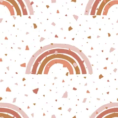 Vlies Fototapete Regenbogen Abstraktes nahtloses Muster mit Terrazzo und einfachen geometrischen Regenbogen. Einfache gestreifte Bogenbögen auf Terrakotta-Mozaic-Textur. Kindischer Vektorhintergrund im skandinavischen Stil in Erdfarbenpalette.