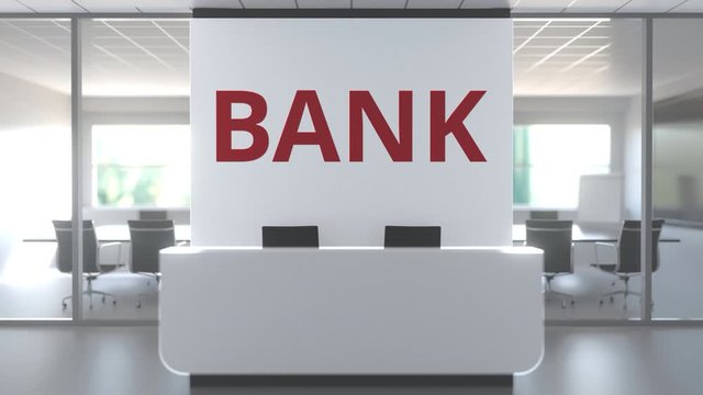Modern office with meeting room and reception desk af a bank, conceptual 3D animation