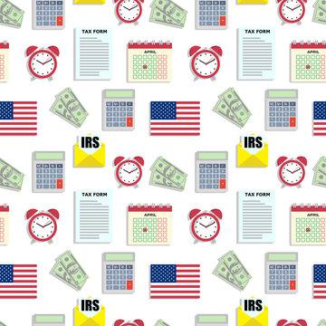 Financial accounting seamless pattern with flat icons. Bookkeeping background, tax optimization.