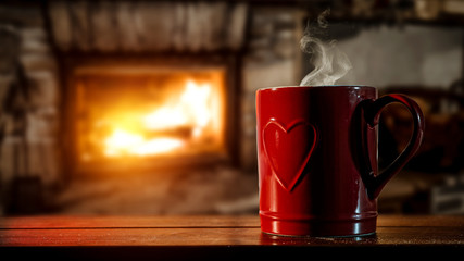 Hot coffee in mug and free space for your decoration