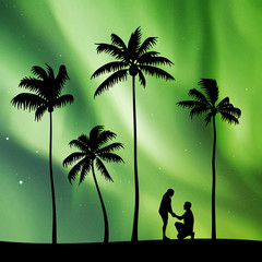 Romantic marriage proposal on palm beach at night. Vector illustration with silhouettes of loving couple and tropical trees. Family creation. Northern lights in starry sky. Colorful aurora borealis