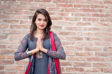 Smiling ethnic girl, hand in traditional indian mudra gesture stand , look at camera. Girl in...