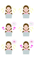 パソコンの前で喜ぶ女性のイラストセット