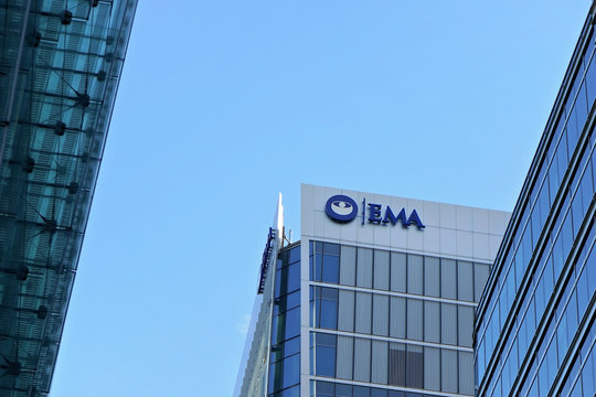 London, United Kingdom - February 03, 2019: Blue European Medicines Agency logo on their HQ in London (to be relocated after Brexit) EMA is in charge of the evaluation of medicinal products in EU