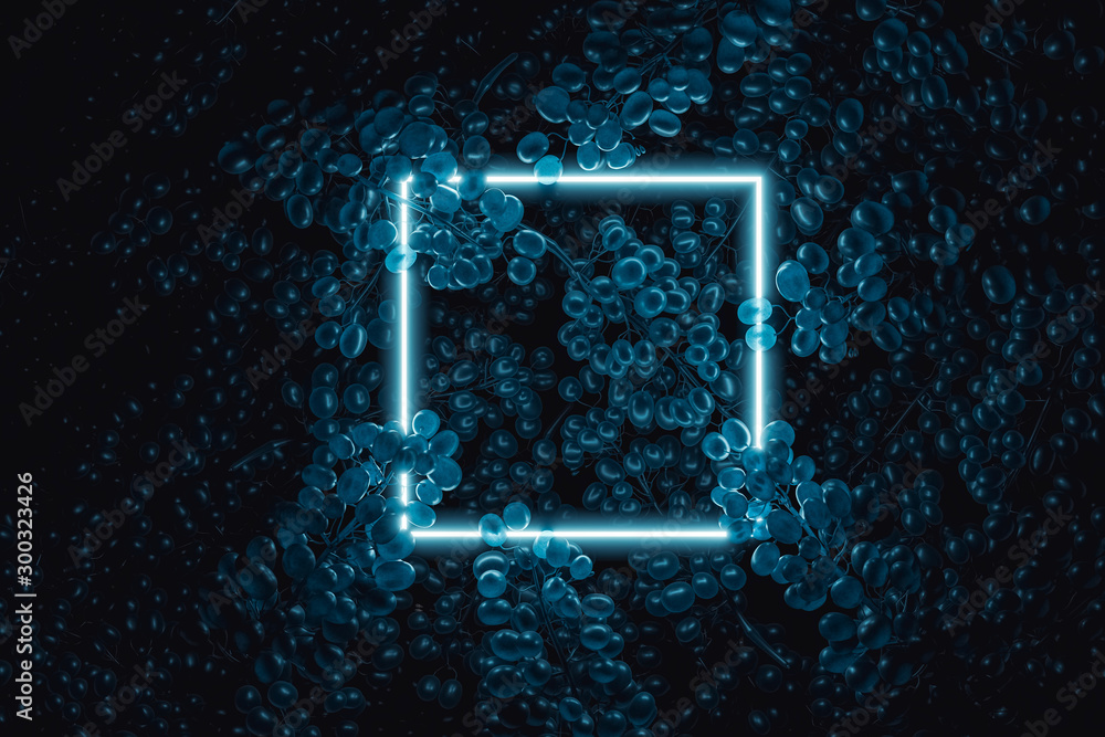Poster 3d rendering of blue square neon light with grapes. flat lay of minimal fruit style concept
