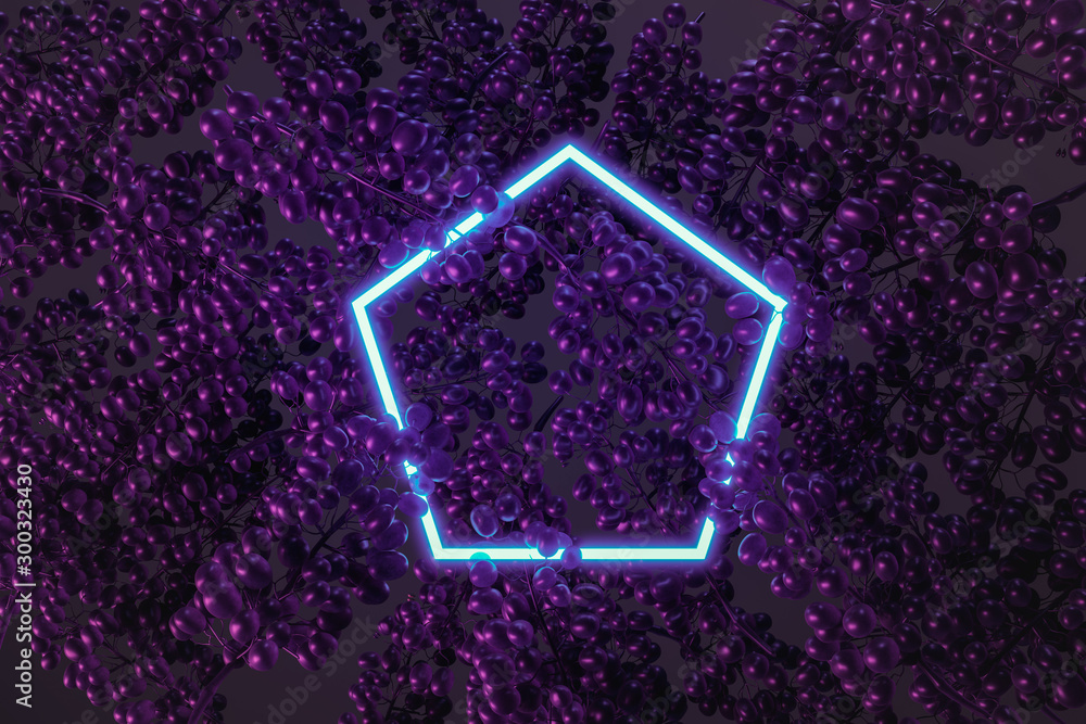 Poster 3d rendering of blue hexagon neon light with grapes. flat lay of minimal fruit style concept