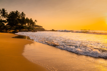 Romantic sunset on a tropical beach with palm trees