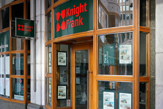 London, United Kingdom - February 03, 2019: Knight Frank Branch At Canary Wharf. It Is Well Known UK Estate Agency  And Commercial Property Consultants With 370 Offices In 55 Countries