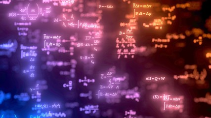 different formulas glowing in dark. 3d illustration