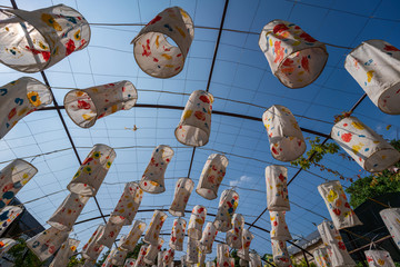 Colorful paper lanterns decorated in Hanoi, Vietnam with blue sky background